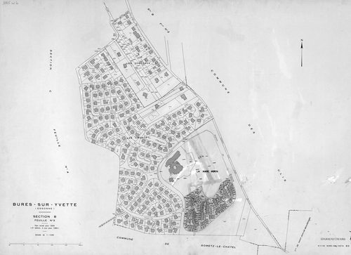 BURES-SUR-YVETTE. - Plan révisé pour 1945, à jour pour 1960 (2ème édition) : plan du tableau d'assemblage ; plan révisé pour 1945, à jour pour 1980 (3ème édition) : plans des sections A (feuilles 1-4), B (feuilles 1-3) et C (feuilles 1-4). [13 plans]. 