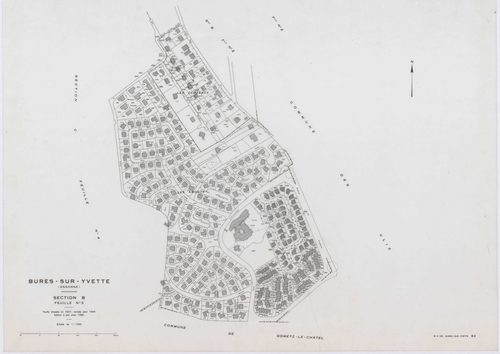 BURES-SUR-YVETTE, plans minutes de conservation : tableau d'assemblage,1945, Ech. 1/5000 ; plans des sections A1, A2, A3, A4, B1, B2, B3, C1, C2, C3, C4, 1945, Ech. 1/1250. Polyester. N et B. Dim. 105 x 80 cm [12 plans]. 