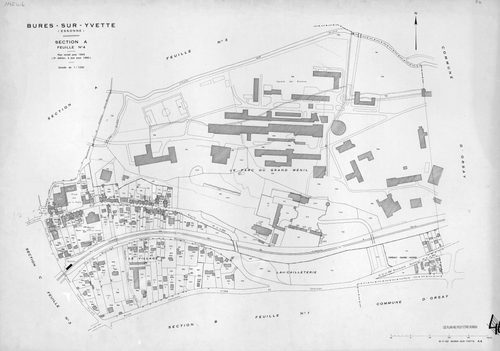 BURES-SUR-YVETTE. - Plan révisé pour 1945, à jour pour 1960 (2ème édition) : plan du tableau d'assemblage ; plan révisé pour 1945, à jour pour 1980 (3ème édition) : plans des sections A (feuilles 1-4), B (feuilles 1-3) et C (feuilles 1-4). [13 plans]. 