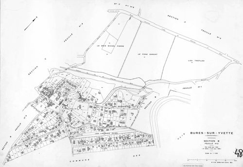 BURES-SUR-YVETTE. - Plan révisé pour 1945, à jour pour 1960 (2ème édition) : plan du tableau d'assemblage ; plan révisé pour 1945, à jour pour 1980 (3ème édition) : plans des sections A (feuilles 1-4), B (feuilles 1-3) et C (feuilles 1-4). [13 plans]. 