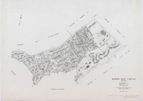 BURES-SUR-YVETTE, plans minutes de conservation : tableau d'assemblage,1945, Ech. 1/5000 ; plans des sections A1, A2, A3, A4, B1, B2, B3, C1, C2, C3, C4, 1945, Ech. 1/1250. Polyester. N et B. Dim. 105 x 80 cm [12 plans]. 