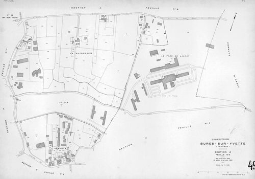 BURES-SUR-YVETTE. - Plan révisé pour 1945, à jour pour 1960 (2ème édition) : plan du tableau d'assemblage ; plan révisé pour 1945, à jour pour 1980 (3ème édition) : plans des sections A (feuilles 1-4), B (feuilles 1-3) et C (feuilles 1-4). [13 plans]. 