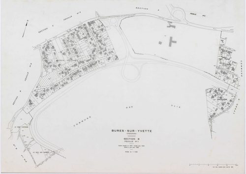 BURES-SUR-YVETTE, plans minutes de conservation : tableau d'assemblage,1945, Ech. 1/5000 ; plans des sections A1, A2, A3, A4, B1, B2, B3, C1, C2, C3, C4, 1945, Ech. 1/1250. Polyester. N et B. Dim. 105 x 80 cm [12 plans]. 