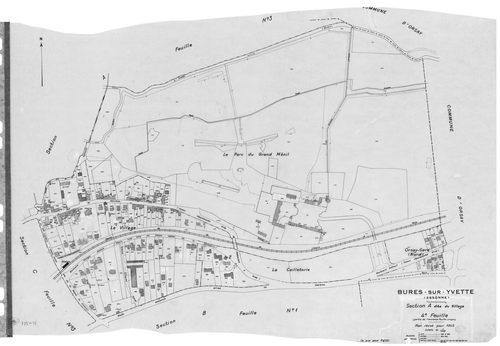 BURES-SUR-YVETTE .- Cadastre révisé pour 1945 mis à jour pour 1972 : plan de la section A le Village 1ère feuille, idem 2ème feuille, idem 3ème feuille, idem 4ème feuille, section B Montjay 1ère feuille, idem 2ème feuille, section C la Vierge 1ère feuille