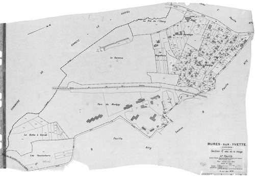 BURES-SUR-YVETTE .- Cadastre révisé pour 1945 mis à jour pour 1972 : plan de la section A le Village 1ère feuille, idem 2ème feuille, idem 3ème feuille, idem 4ème feuille, section B Montjay 1ère feuille, idem 2ème feuille, section C la Vierge 1ère feuille