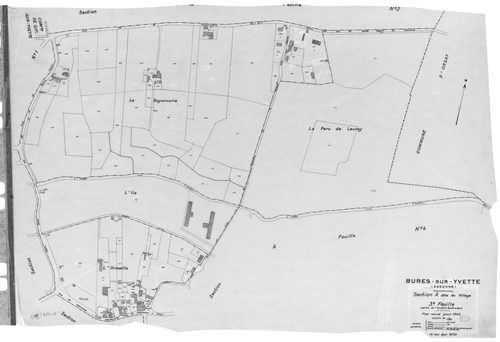 BURES-SUR-YVETTE .- Cadastre révisé pour 1945 mis à jour pour 1972 : plan de la section A le Village 1ère feuille, idem 2ème feuille, idem 3ème feuille, idem 4ème feuille, section B Montjay 1ère feuille, idem 2ème feuille, section C la Vierge 1ère feuille