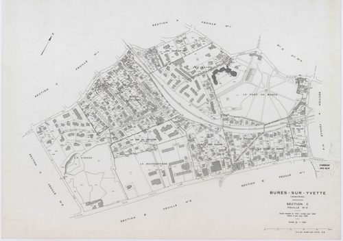 BURES-SUR-YVETTE, plans minutes de conservation : tableau d'assemblage,1945, Ech. 1/5000 ; plans des sections A1, A2, A3, A4, B1, B2, B3, C1, C2, C3, C4, 1945, Ech. 1/1250. Polyester. N et B. Dim. 105 x 80 cm [12 plans]. 