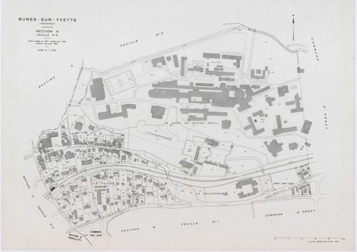 BURES-SUR-YVETTE, plans minutes de conservation : tableau d'assemblage,1945, Ech. 1/5000 ; plans des sections A1, A2, A3, A4, B1, B2, B3, C1, C2, C3, C4, 1945, Ech. 1/1250. Polyester. N et B. Dim. 105 x 80 cm [12 plans]. 