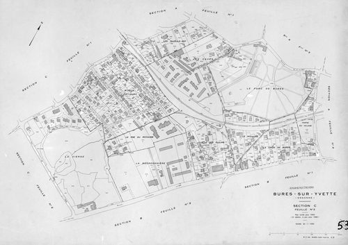 BURES-SUR-YVETTE. - Plan révisé pour 1945, à jour pour 1960 (2ème édition) : plan du tableau d'assemblage ; plan révisé pour 1945, à jour pour 1980 (3ème édition) : plans des sections A (feuilles 1-4), B (feuilles 1-3) et C (feuilles 1-4). [13 plans]. 
