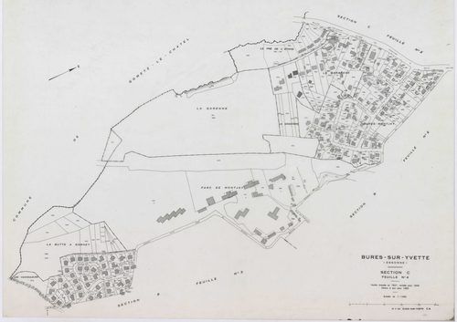 BURES-SUR-YVETTE, plans minutes de conservation : tableau d'assemblage,1945, Ech. 1/5000 ; plans des sections A1, A2, A3, A4, B1, B2, B3, C1, C2, C3, C4, 1945, Ech. 1/1250. Polyester. N et B. Dim. 105 x 80 cm [12 plans]. 