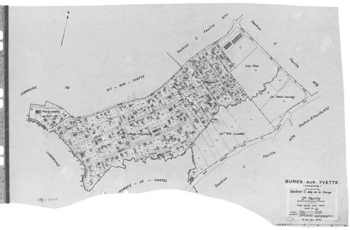BURES-SUR-YVETTE .- Cadastre révisé pour 1945 mis à jour pour 1972 : plan de la section A le Village 1ère feuille, idem 2ème feuille, idem 3ème feuille, idem 4ème feuille, section B Montjay 1ère feuille, idem 2ème feuille, section C la Vierge 1ère feuille