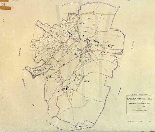 BURES-SUR-YVETTE. - Plan révisé pour 1945, à jour pour 1960 (2ème édition) : plan du tableau d'assemblage ; plan révisé pour 1945, à jour pour 1980 (3ème édition) : plans des sections A (feuilles 1-4), B (feuilles 1-3) et C (feuilles 1-4). [13 plans]. 