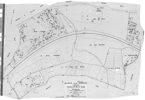 BURES-SUR-YVETTE .- Cadastre révisé pour 1945 mis à jour pour 1972 : plan de la section A le Village 1ère feuille, idem 2ème feuille, idem 3ème feuille, idem 4ème feuille, section B Montjay 1ère feuille, idem 2ème feuille, section C la Vierge 1ère feuille