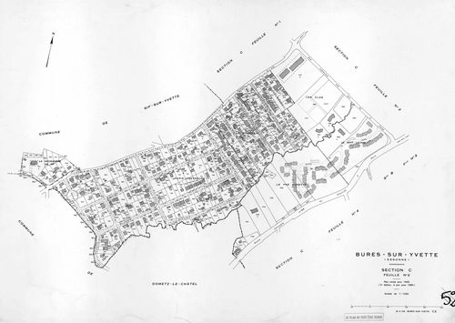 BURES-SUR-YVETTE. - Plan révisé pour 1945, à jour pour 1960 (2ème édition) : plan du tableau d'assemblage ; plan révisé pour 1945, à jour pour 1980 (3ème édition) : plans des sections A (feuilles 1-4), B (feuilles 1-3) et C (feuilles 1-4). [13 plans]. 