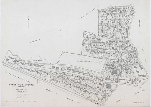 BURES-SUR-YVETTE, plans minutes de conservation : tableau d'assemblage,1945, Ech. 1/5000 ; plans des sections A1, A2, A3, A4, B1, B2, B3, C1, C2, C3, C4, 1945, Ech. 1/1250. Polyester. N et B. Dim. 105 x 80 cm [12 plans]. 