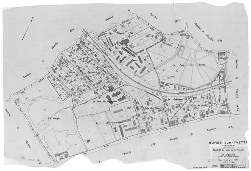 BURES-SUR-YVETTE .- Cadastre révisé pour 1945 mis à jour pour 1972 : plan de la section A le Village 1ère feuille, idem 2ème feuille, idem 3ème feuille, idem 4ème feuille, section B Montjay 1ère feuille, idem 2ème feuille, section C la Vierge 1ère feuille