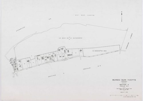 BURES-SUR-YVETTE, plans minutes de conservation : tableau d'assemblage,1945, Ech. 1/5000 ; plans des sections A1, A2, A3, A4, B1, B2, B3, C1, C2, C3, C4, 1945, Ech. 1/1250. Polyester. N et B. Dim. 105 x 80 cm [12 plans]. 