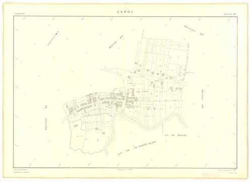 Plans minutes de conservation : CERNY : section Z, ech. 1/2000 (1950), tableau d'assemblage, ech. 1/10000 (1968), sections F, ech. 1/2500, section AB, ech. 1/1000, sections AC, AD, AE, ech. 1/2000, AH, AI, AK, ech. 1/1000, AL, ech. 1/2000, AM, AN, AO, ech