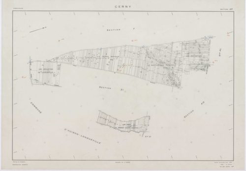 CERNY, plans minutes de conservation : tableau d'assemblage,1968, Ech. 1/10000 ; plans des section F, 1968, Ech. 1/2500, sections AB, AH, AI, AK, AM, AN, AO, 1968, Ech. 1/1000, sections AC, AD, AE, AL, AP, ZA, ZB, ZC, ZD, ZE, ZH, ZI, ZK, ZL, ZM, 1968, Ech