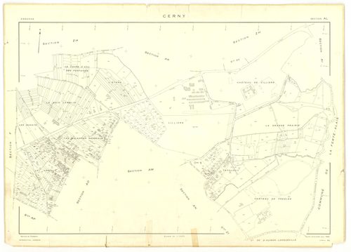 Plans minutes de conservation : CERNY : section Z, ech. 1/2000 (1950), tableau d'assemblage, ech. 1/10000 (1968), sections F, ech. 1/2500, section AB, ech. 1/1000, sections AC, AD, AE, ech. 1/2000, AH, AI, AK, ech. 1/1000, AL, ech. 1/2000, AM, AN, AO, ech