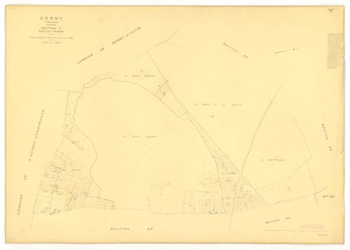 Plans minutes de conservation : CERNY : section Z, ech. 1/2000 (1950), tableau d'assemblage, ech. 1/10000 (1968), sections F, ech. 1/2500, section AB, ech. 1/1000, sections AC, AD, AE, ech. 1/2000, AH, AI, AK, ech. 1/1000, AL, ech. 1/2000, AM, AN, AO, ech