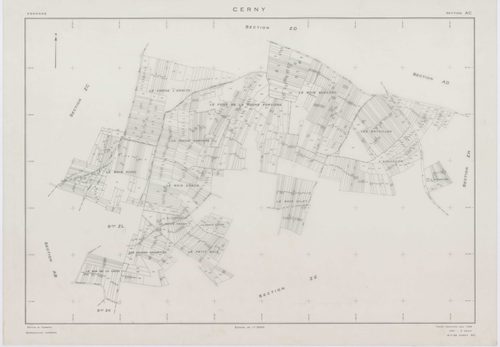 CERNY, plans minutes de conservation : tableau d'assemblage,1968, Ech. 1/10000 ; plans des section F, 1968, Ech. 1/2500, sections AB, AH, AI, AK, AM, AN, AO, 1968, Ech. 1/1000, sections AC, AD, AE, AL, AP, ZA, ZB, ZC, ZD, ZE, ZH, ZI, ZK, ZL, ZM, 1968, Ech
