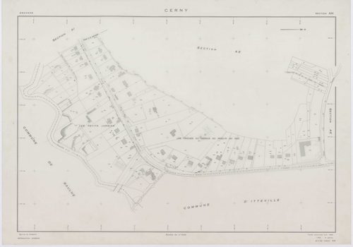 CERNY, plans minutes de conservation : tableau d'assemblage,1968, Ech. 1/10000 ; plans des section F, 1968, Ech. 1/2500, sections AB, AH, AI, AK, AM, AN, AO, 1968, Ech. 1/1000, sections AC, AD, AE, AL, AP, ZA, ZB, ZC, ZD, ZE, ZH, ZI, ZK, ZL, ZM, 1968, Ech