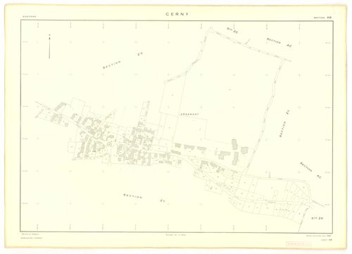 Plans minutes de conservation : CERNY : section Z, ech. 1/2000 (1950), tableau d'assemblage, ech. 1/10000 (1968), sections F, ech. 1/2500, section AB, ech. 1/1000, sections AC, AD, AE, ech. 1/2000, AH, AI, AK, ech. 1/1000, AL, ech. 1/2000, AM, AN, AO, ech