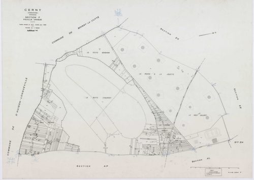 CERNY, plans minutes de conservation : tableau d'assemblage,1968, Ech. 1/10000 ; plans des section F, 1968, Ech. 1/2500, sections AB, AH, AI, AK, AM, AN, AO, 1968, Ech. 1/1000, sections AC, AD, AE, AL, AP, ZA, ZB, ZC, ZD, ZE, ZH, ZI, ZK, ZL, ZM, 1968, Ech