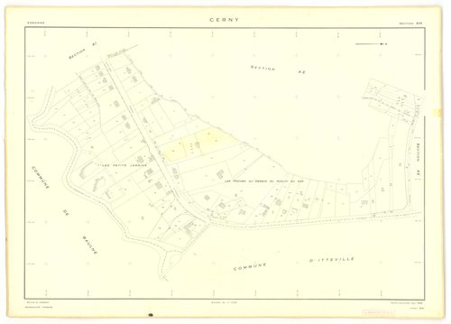 Plans minutes de conservation : CERNY : section Z, ech. 1/2000 (1950), tableau d'assemblage, ech. 1/10000 (1968), sections F, ech. 1/2500, section AB, ech. 1/1000, sections AC, AD, AE, ech. 1/2000, AH, AI, AK, ech. 1/1000, AL, ech. 1/2000, AM, AN, AO, ech