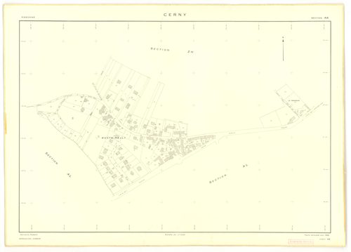 Plans minutes de conservation : CERNY : section Z, ech. 1/2000 (1950), tableau d'assemblage, ech. 1/10000 (1968), sections F, ech. 1/2500, section AB, ech. 1/1000, sections AC, AD, AE, ech. 1/2000, AH, AI, AK, ech. 1/1000, AL, ech. 1/2000, AM, AN, AO, ech