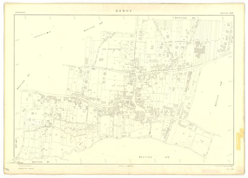 Plans minutes de conservation : CERNY : section Z, ech. 1/2000 (1950), tableau d'assemblage, ech. 1/10000 (1968), sections F, ech. 1/2500, section AB, ech. 1/1000, sections AC, AD, AE, ech. 1/2000, AH, AI, AK, ech. 1/1000, AL, ech. 1/2000, AM, AN, AO, ech