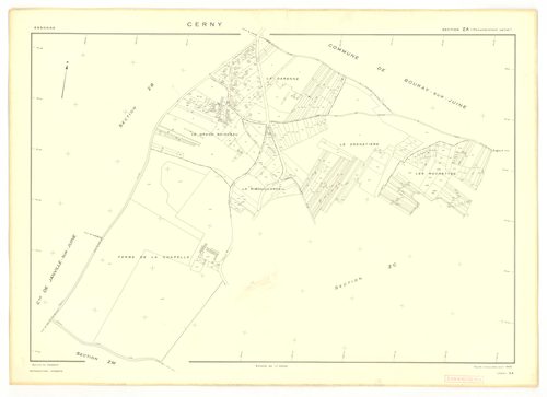 Plans minutes de conservation : CERNY : section Z, ech. 1/2000 (1950), tableau d'assemblage, ech. 1/10000 (1968), sections F, ech. 1/2500, section AB, ech. 1/1000, sections AC, AD, AE, ech. 1/2000, AH, AI, AK, ech. 1/1000, AL, ech. 1/2000, AM, AN, AO, ech