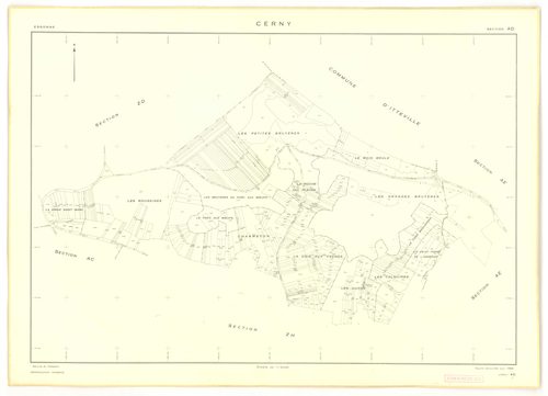 Plans minutes de conservation : CERNY : section Z, ech. 1/2000 (1950), tableau d'assemblage, ech. 1/10000 (1968), sections F, ech. 1/2500, section AB, ech. 1/1000, sections AC, AD, AE, ech. 1/2000, AH, AI, AK, ech. 1/1000, AL, ech. 1/2000, AM, AN, AO, ech