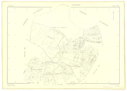 Plans minutes de conservation : CERNY : section Z, ech. 1/2000 (1950), tableau d'assemblage, ech. 1/10000 (1968), sections F, ech. 1/2500, section AB, ech. 1/1000, sections AC, AD, AE, ech. 1/2000, AH, AI, AK, ech. 1/1000, AL, ech. 1/2000, AM, AN, AO, ech