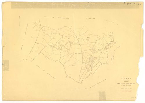 Plans minutes de conservation : CERNY : section Z, ech. 1/2000 (1950), tableau d'assemblage, ech. 1/10000 (1968), sections F, ech. 1/2500, section AB, ech. 1/1000, sections AC, AD, AE, ech. 1/2000, AH, AI, AK, ech. 1/1000, AL, ech. 1/2000, AM, AN, AO, ech