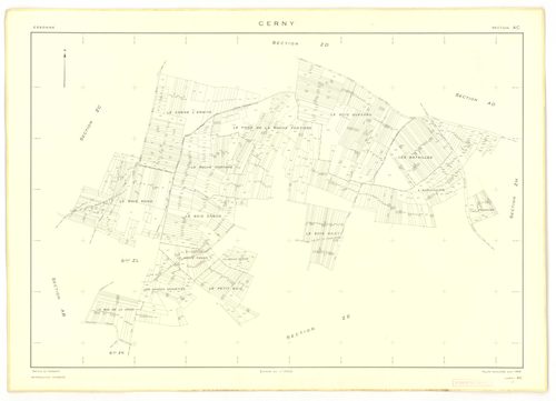 Plans minutes de conservation : CERNY : section Z, ech. 1/2000 (1950), tableau d'assemblage, ech. 1/10000 (1968), sections F, ech. 1/2500, section AB, ech. 1/1000, sections AC, AD, AE, ech. 1/2000, AH, AI, AK, ech. 1/1000, AL, ech. 1/2000, AM, AN, AO, ech