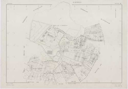CERNY, plans minutes de conservation : tableau d'assemblage,1968, Ech. 1/10000 ; plans des section F, 1968, Ech. 1/2500, sections AB, AH, AI, AK, AM, AN, AO, 1968, Ech. 1/1000, sections AC, AD, AE, AL, AP, ZA, ZB, ZC, ZD, ZE, ZH, ZI, ZK, ZL, ZM, 1968, Ech