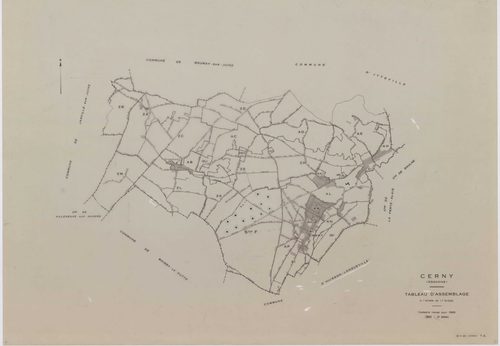 CERNY, plans minutes de conservation : tableau d'assemblage,1968, Ech. 1/10000 ; plans des section F, 1968, Ech. 1/2500, sections AB, AH, AI, AK, AM, AN, AO, 1968, Ech. 1/1000, sections AC, AD, AE, AL, AP, ZA, ZB, ZC, ZD, ZE, ZH, ZI, ZK, ZL, ZM, 1968, Ech