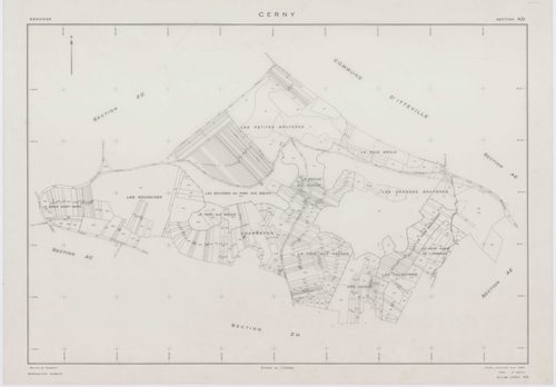CERNY, plans minutes de conservation : tableau d'assemblage,1968, Ech. 1/10000 ; plans des section F, 1968, Ech. 1/2500, sections AB, AH, AI, AK, AM, AN, AO, 1968, Ech. 1/1000, sections AC, AD, AE, AL, AP, ZA, ZB, ZC, ZD, ZE, ZH, ZI, ZK, ZL, ZM, 1968, Ech