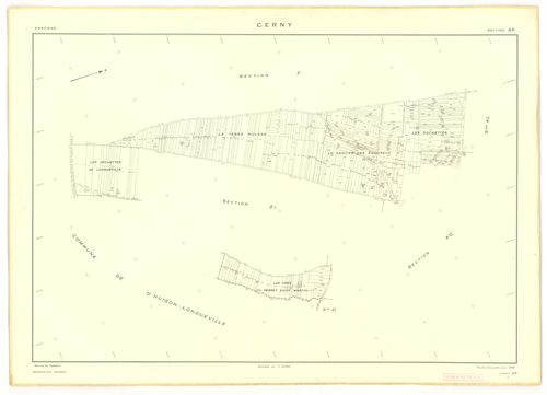 Plans minutes de conservation : CERNY : section Z, ech. 1/2000 (1950), tableau d'assemblage, ech. 1/10000 (1968), sections F, ech. 1/2500, section AB, ech. 1/1000, sections AC, AD, AE, ech. 1/2000, AH, AI, AK, ech. 1/1000, AL, ech. 1/2000, AM, AN, AO, ech
