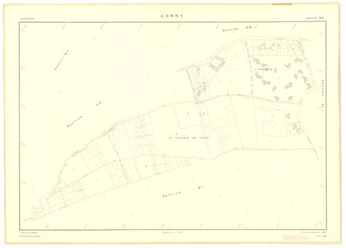 Plans minutes de conservation : CERNY : section Z, ech. 1/2000 (1950), tableau d'assemblage, ech. 1/10000 (1968), sections F, ech. 1/2500, section AB, ech. 1/1000, sections AC, AD, AE, ech. 1/2000, AH, AI, AK, ech. 1/1000, AL, ech. 1/2000, AM, AN, AO, ech