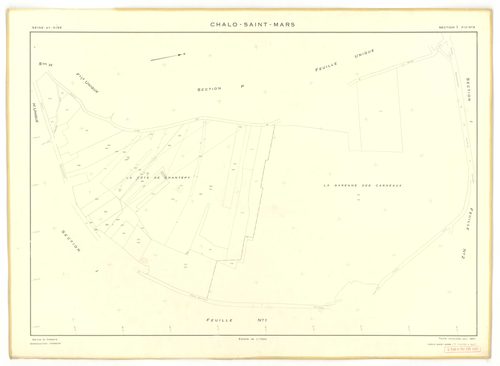 Plans minutes de conservation : CHALO-SAINT-MARS : tableau d'assemblage, ech. 1/10000 (1957), sections B, C, D, E, F, G, H, J, K, L, M, N, O, P, Q, R, S, T, U, V, W, Y, Z, XA, XB, ech. 1/2000 (1957), sections I1, I2, I3, ech. 1/1000 (1957), NB, papier, 10