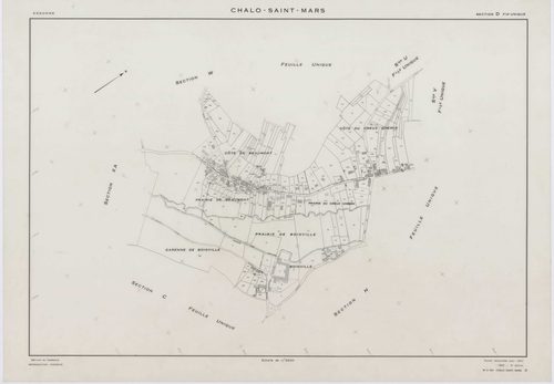 CHALO-SAINT-MARS, plans minutes de conservation : tableau d'assemblage,1957, Ech. 1/10000 ; plans des sections B, C, D, E, F, G, H, J, K, L, M, N, O, P, Q, R, S, T, U, V, W, XA, 1954, Ech. 1/2000, sections I1, I2, I3, 1957, Ech. 1/1000, sections ZA, ZB, Z