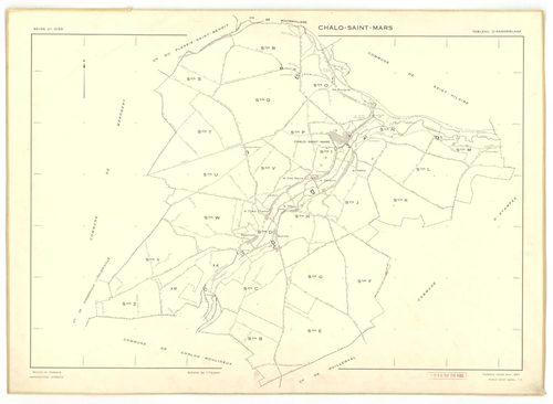 Plans minutes de conservation : CHALO-SAINT-MARS : tableau d'assemblage, ech. 1/10000 (1957), sections B, C, D, E, F, G, H, J, K, L, M, N, O, P, Q, R, S, T, U, V, W, Y, Z, XA, XB, ech. 1/2000 (1957), sections I1, I2, I3, ech. 1/1000 (1957), NB, papier, 10