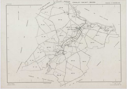 CHALO-SAINT-MARS, plans minutes de conservation : tableau d'assemblage,1957, Ech. 1/10000 ; plans des sections B, C, D, E, F, G, H, J, K, L, M, N, O, P, Q, R, S, T, U, V, W, XA, 1954, Ech. 1/2000, sections I1, I2, I3, 1957, Ech. 1/1000, sections ZA, ZB, Z
