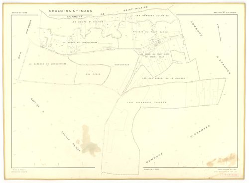 Plans minutes de conservation : CHALO-SAINT-MARS : tableau d'assemblage, ech. 1/10000 (1957), sections B, C, D, E, F, G, H, J, K, L, M, N, O, P, Q, R, S, T, U, V, W, Y, Z, XA, XB, ech. 1/2000 (1957), sections I1, I2, I3, ech. 1/1000 (1957), NB, papier, 10