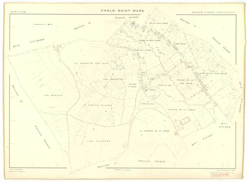 Plans minutes de conservation : CHALO-SAINT-MARS : tableau d'assemblage, ech. 1/10000 (1957), sections B, C, D, E, F, G, H, J, K, L, M, N, O, P, Q, R, S, T, U, V, W, Y, Z, XA, XB, ech. 1/2000 (1957), sections I1, I2, I3, ech. 1/1000 (1957), NB, papier, 10
