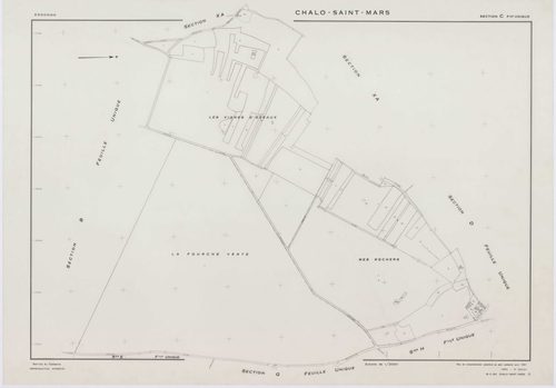 CHALO-SAINT-MARS, plans minutes de conservation : tableau d'assemblage,1957, Ech. 1/10000 ; plans des sections B, C, D, E, F, G, H, J, K, L, M, N, O, P, Q, R, S, T, U, V, W, XA, 1954, Ech. 1/2000, sections I1, I2, I3, 1957, Ech. 1/1000, sections ZA, ZB, Z