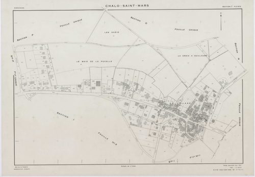 CHALO-SAINT-MARS, plans minutes de conservation : tableau d'assemblage,1957, Ech. 1/10000 ; plans des sections B, C, D, E, F, G, H, J, K, L, M, N, O, P, Q, R, S, T, U, V, W, XA, 1954, Ech. 1/2000, sections I1, I2, I3, 1957, Ech. 1/1000, sections ZA, ZB, Z